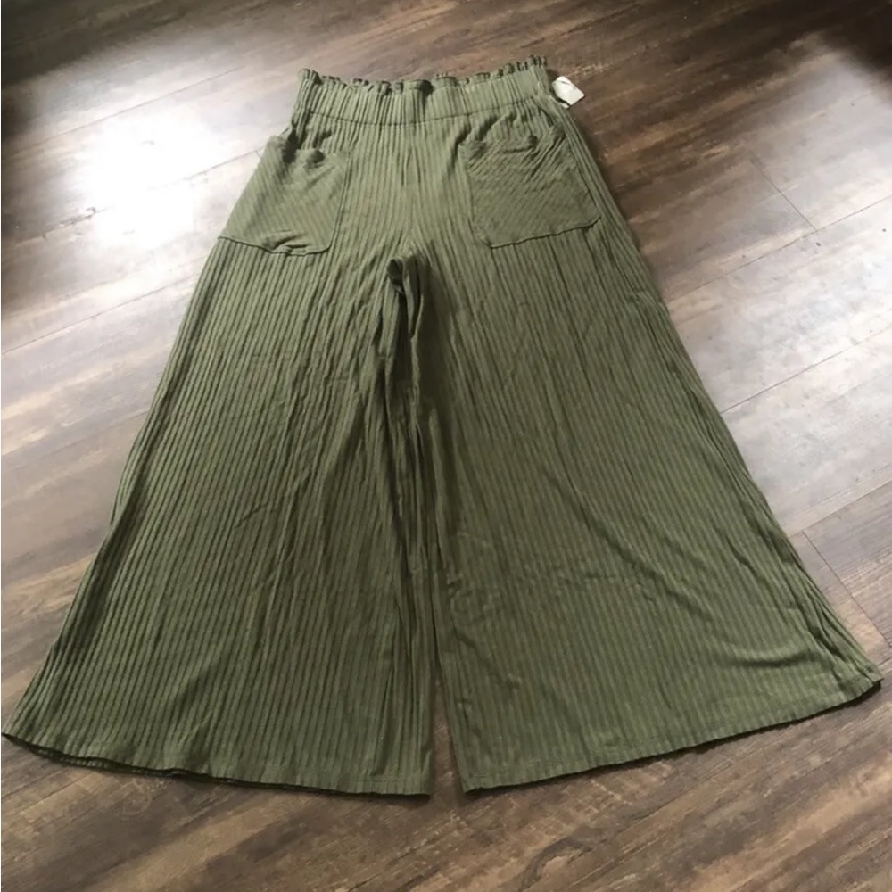 Free People Movement Blissed Out Pants Wide Leg Ribbed Pull On Army Green - Picture 4 of 5